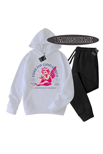 Tarzsokak Λευκό Σετ με Κουκούλα και Λεπτομέρειες Eager, Διπλό Σετ