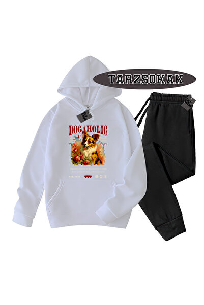 Tarzsokak Λευκό σετ με κουκούλα και λεπτομέρεια σκύλου, διπλό σετ