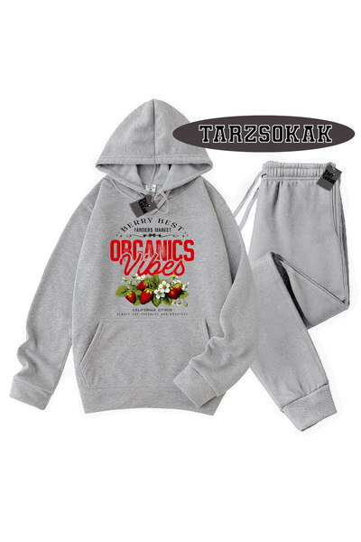 Tarzsokak Γκρι φούτερ με κουκούλα και λεπτομέρεια φράουλας, διπλό ΣΕΤ