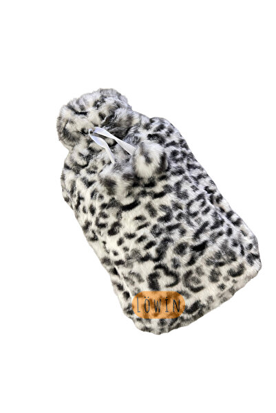 Löwin Leopar Desenli Ponponlu Peluş Kılıflı 2 L Sıcak Su Torbası | Beyaz