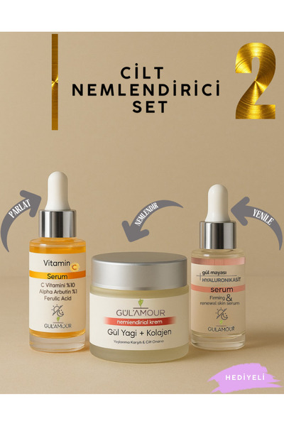 GÜLAMOUR CİLT NEMLENDİRİCİ SET (GÜL MAYASI + HA & GÜL YAĞLI KOLAJEN KREM & C ...