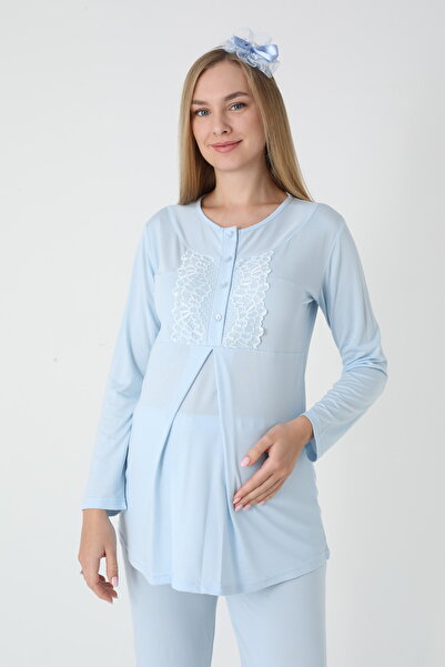 Lohussa Mavi Jakarlı Şal Yaka Özel Tasarım Kışlık Uzun Kol %100 Pamuk Hamile Sabahlık Pijama Takımı 3'lü Set