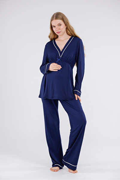 Yulem Homewear Navy Blue Piping Long Sleeve Cotton Maternity Pajama Set