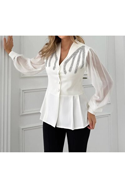 ZY BUTİK Ecru Stone Detailed Stylish Jacket Blouse