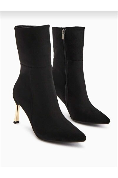 SEDRİK sivri burun yandan fermuarlı ince altın topuklu kısa çizme
