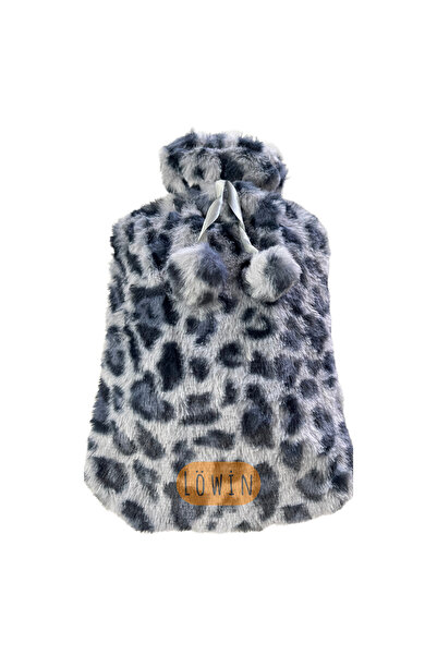 Löwin 2 L Hot Water Bag with Leopard Pattern Pompom Plush Cover |   Gray