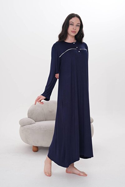 BLACKMORE Women's Navy Blue Piped Cotton Long Sleeve Plus Size (Oversized) Nightgown