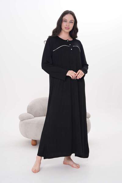 BLACKMORE Women's Black Piped Cotton Long Sleeve Plus Size (Oversize) Nightgown
