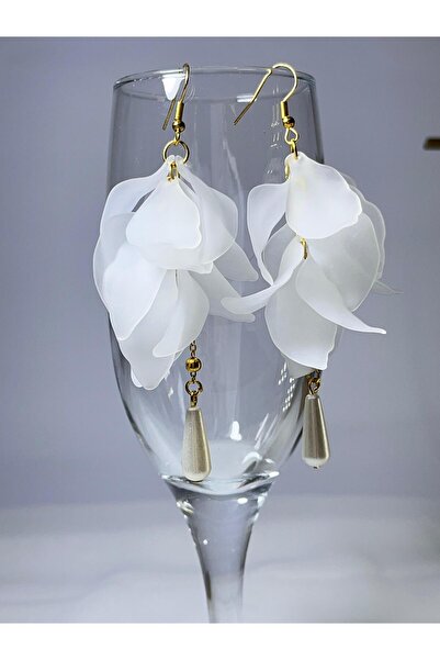 DD accessories Beyaz Çiçek Yaprağı Küpe İnci Detaylı Zarif Sallantılı Küpe