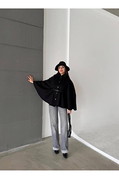 mafdress Women's Fur Collar Black Belted Poncho