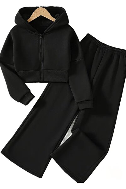 shop Μαύρο κοριτσίστικο σετ φόρμας 2 τεμαχίων, φαρδιά γραμμή