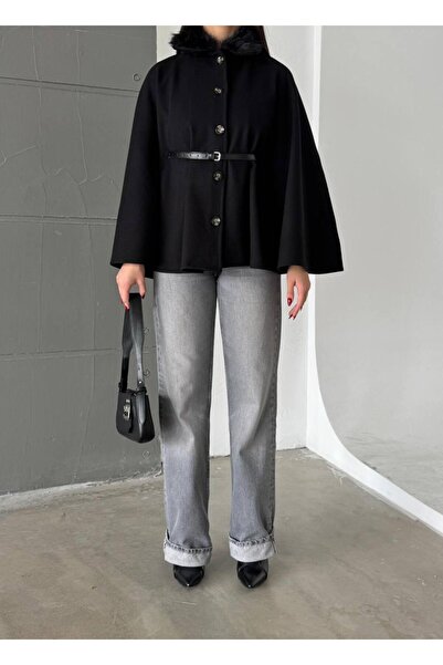 mafdress Women's Fur Collar Black Belted Poncho