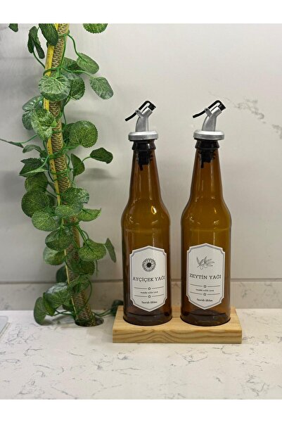 Ahşap Stantlı Amber 2'li 350 Ml Zeytinyağı Sıvıyağ Şişesi Yağdanlık Yağlık Cam Şişe