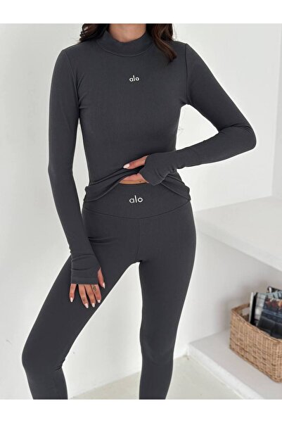 strivex Suggle Soft Textured Corded Fabric Ribbed Finger-Loop Anthracite Bodysuit Leggings Set