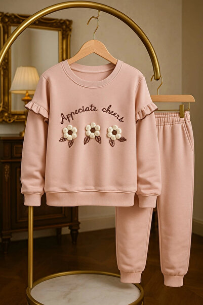 morpembej kadın erkek çocuk Girls' Ruffle Detailed 3D Floral Embroidered Sweatshirt & Sweatpants Set