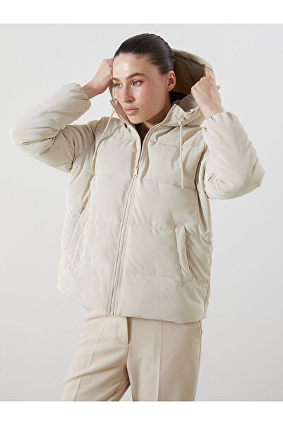 LC Waikiki Lcwaikiki Classic Ekru Hooded Women's Leather-Look Coat W5Bl99Z8