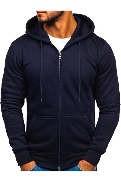 Generic Men’s Dark Blue Zipper Hoodie with Front Pockets – Casual Street Style Sweatshirt