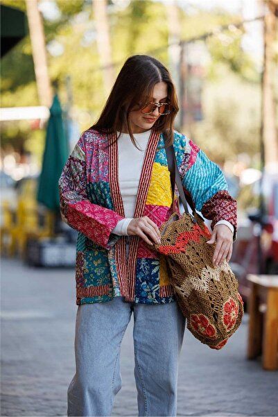 Miss Boheme Sarı Renk Cep Detaylı Desenli Kemerli Patchwork Bohem Ceket