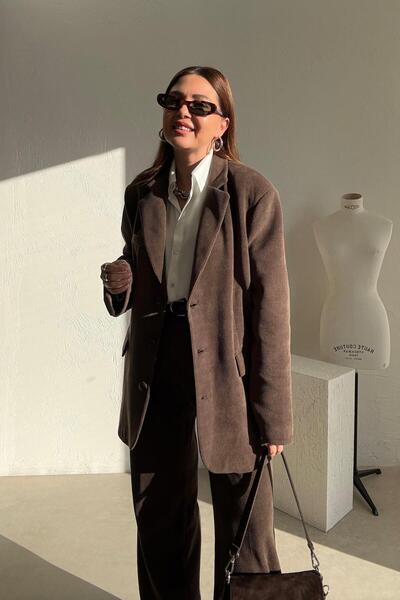 ELVAN TOLON Brown Corded Fabric Velvet Jacket Pants Set