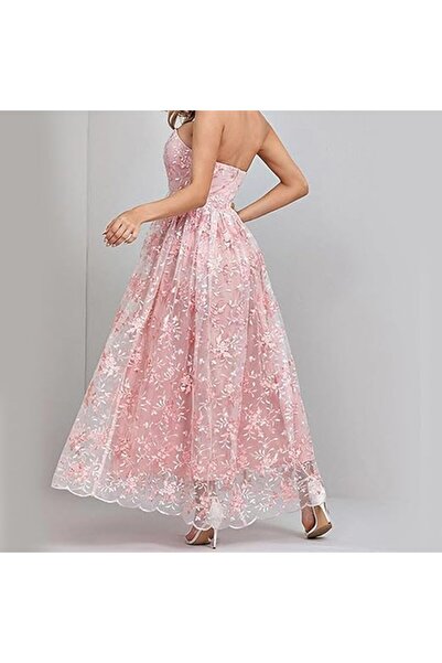 Margoun Elegant Party Strapless Maxi Dress, Vintage Lace Floral Embroidery, Pink, A-Line (M2232)