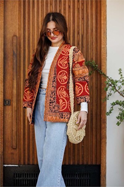 Miss Boheme Kahverengi Cep Detaylı Desenli Kemerli Patchwork Bohem Ceket