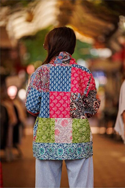 Miss Boheme Yeşil Renk Cep Ve Düğme Detaylı Patchwork Bohem Ceket