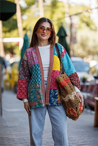 Miss Boheme Sarı Renk Cep Detaylı Desenli Kemerli Patchwork Bohem Ceket