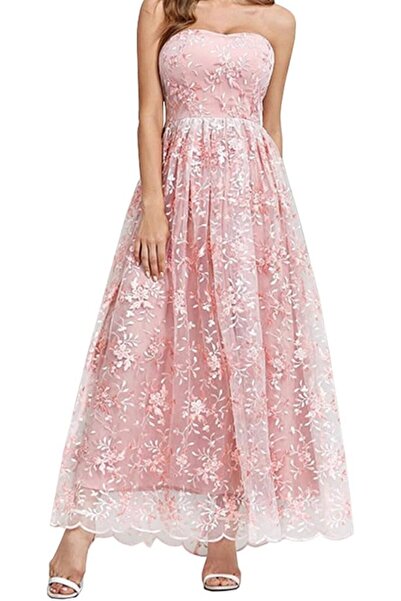 Margoun Elegant Party Strapless Maxi Dress, Vintage Lace Floral Embroidery, Pink, A-Line (M2232)