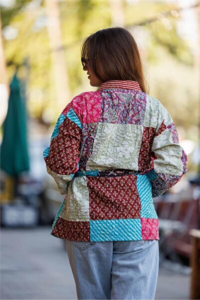 Miss Boheme Sarı Renk Cep Detaylı Desenli Kemerli Patchwork Bohem Ceket