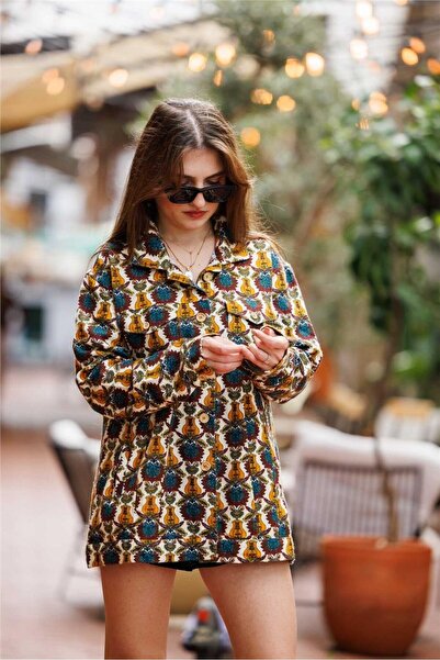 Miss Boheme Yellow Color Floral Patterned Button Detailed Flannel Shirt