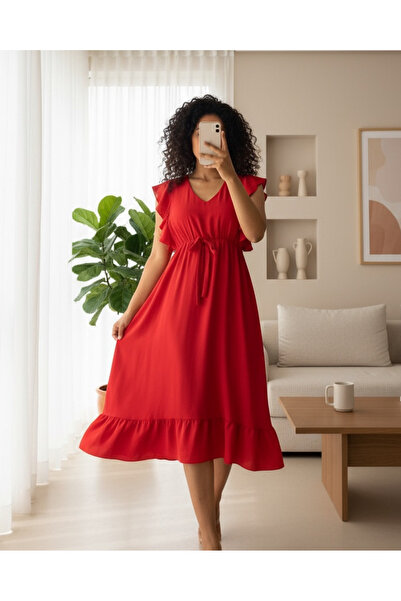 MissRunin Omuzu Fırfırlı Beli Lastikli Sıfır Kol Midi Boy Ayrobin Elbise