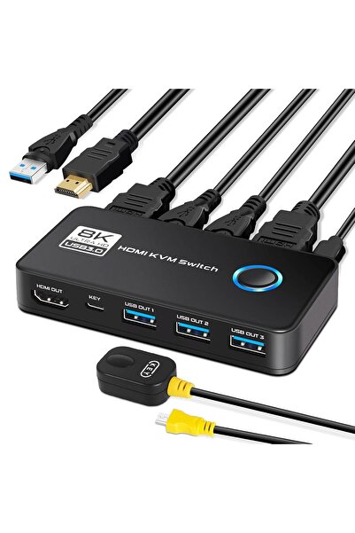 TCNEWCL Comutator KVM HDMI 8K cu 2 porturi (8K la 60Hz, 4K la 120Hz) cu 3 porturi USB 3.0, 2 cabluri HDMI și 2 cabluri USB