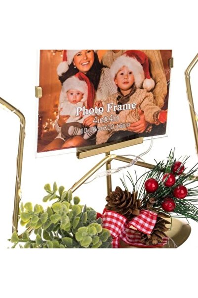 OEM Ramă foto decorativă de Crăciun, stea, conuri și LED, 19x6,5x19,5cm