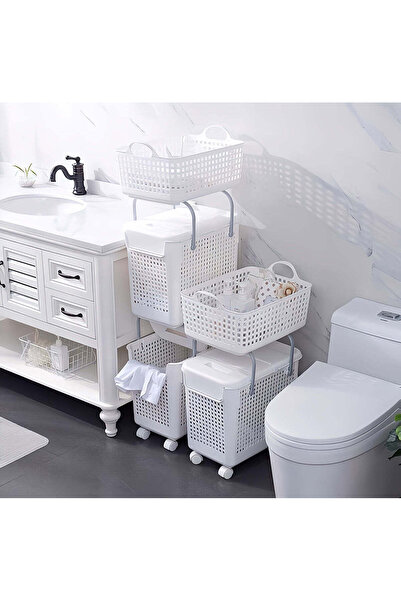 cc bin shihon Portable Bathroom and Laundry Storage and Organization Basket (3 Levels) with Easy-Move Wheels
