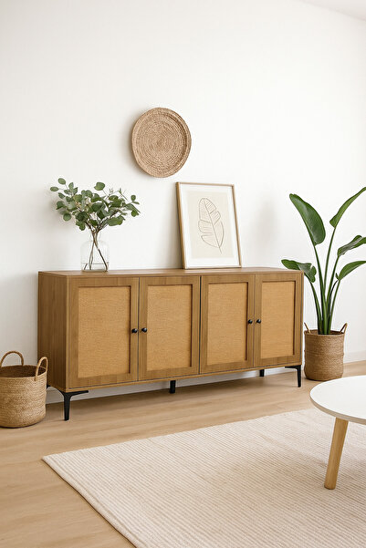 MARIA HOMES طاولة كونسول من الخيزران البني مقاس 160×40×85 سم - خزانة تخزين خشبية حديثة بأربعة أبواب وأرجل معدنية سوداء