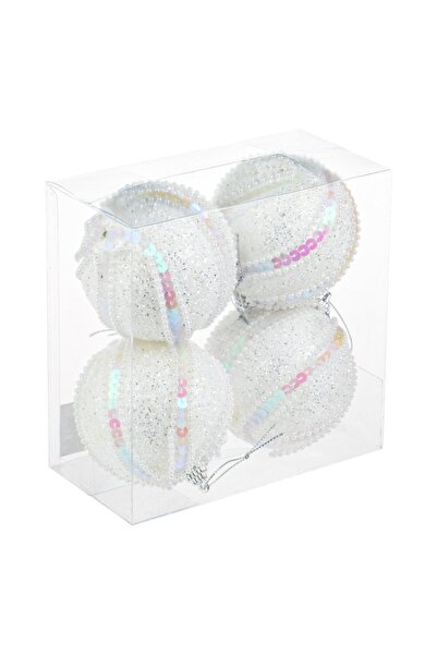 SHOPIENS Set of white Christmas baubles with silver glitter, white beads & holographic sequins 8cm - 4pcs