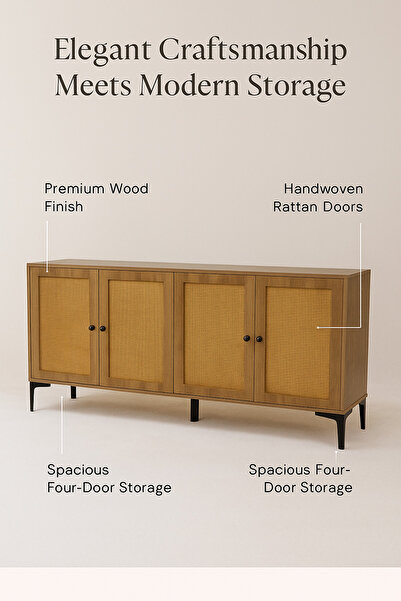 MARIA HOMES طاولة كونسول من الخيزران البني مقاس 160×40×85 سم - خزانة تخزين خشبية حديثة بأربعة أبواب وأرجل معدنية سوداء