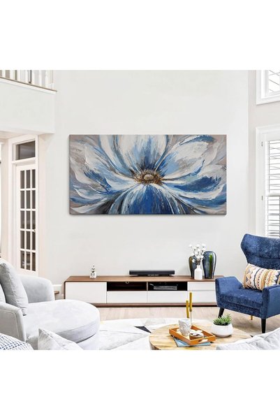Today Idea Flower Canvas Wall Art, 24 x 48 in Framed Blue & White Giclee Print