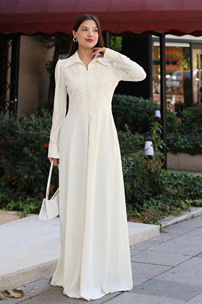 lodmela Shirt Collar Lace Embroidered and Covered Belt Evening Dress 2764-Ecru