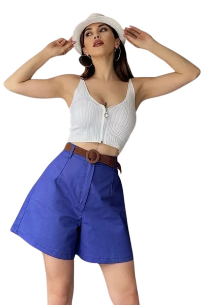 Budi Comfortable Fit Belted Mom Shorts - Blue