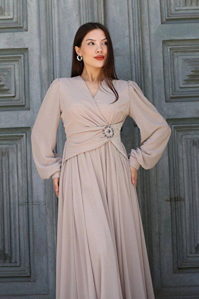 lodmela Βραδινό φόρεμα με λεπτομέρεια στη μέση διπλό πέτο 2763-Μπεζ