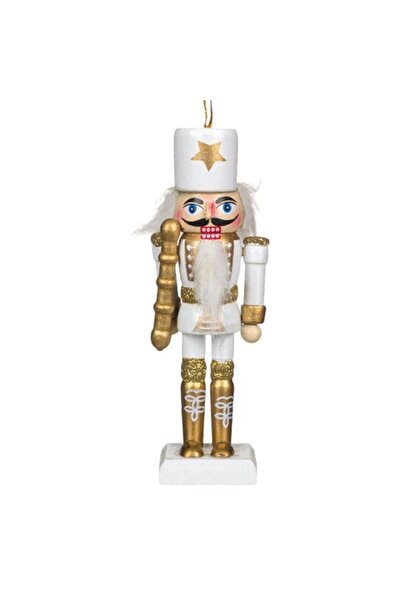 OEM Soldaț decorativ de Crăciun din lemn, uniformă albă cu sclipici auriu, 13 cm