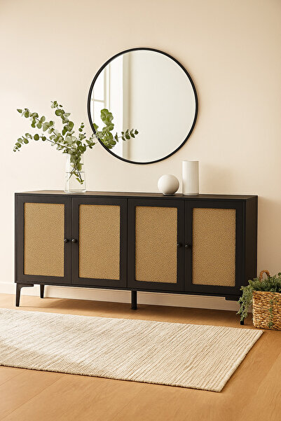 MARIA HOMES طاولة كونسول من الخيزران الأسود، مقاس 160×40×85 سم، خزانة تخزين خشبية حديثة بأربعة أبواب وأبواب من القصب