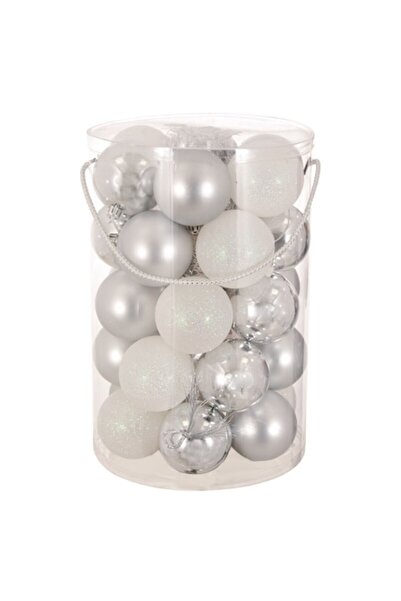 SHOPIENS Set of Christmas Baubles Silver and White Matte, Shiny and Glitter 7cm - 30pcs
