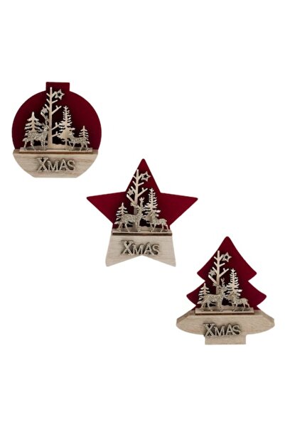 OEM Ornament de Crăciun din lemn de catifea - brad, stea, glob, ren „XMAS” 12cm