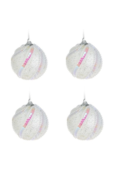 SHOPIENS Set of white Christmas baubles with silver glitter, white beads & holographic sequins 8cm - 4pcs