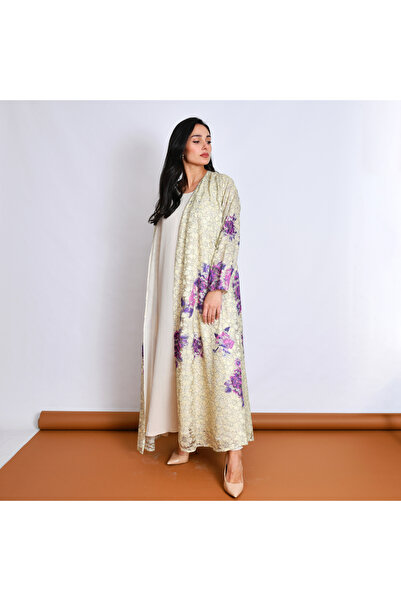 Oya.sa عباية باللون الاصفر بقصة انسيابية بقماش الدانتيل بطبعات عشوائية