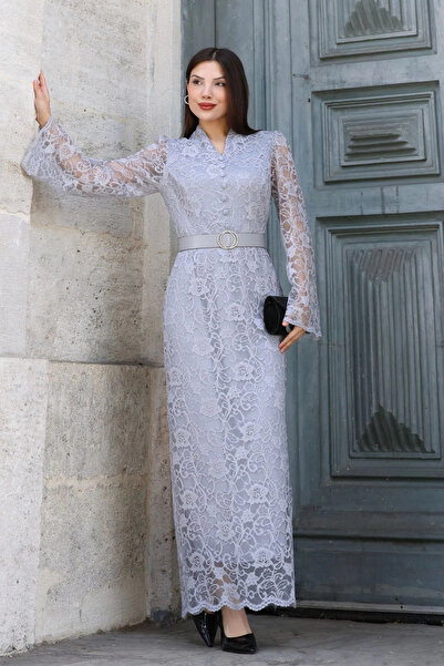 lodmela Βραδινό φόρεμα μάξι με δαντέλα με ζώνη με γιακά 6032-Γκρι