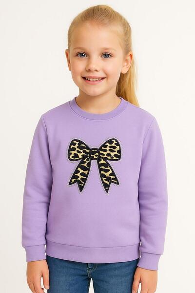 NOVERAM KİDS Girl's Leopard Patterned Bow Winter Sweatshirt