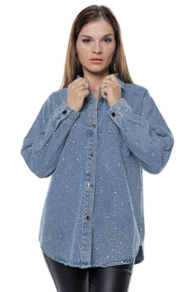 Jolenttine Cămașă din denim cu strasuri, Albastră
